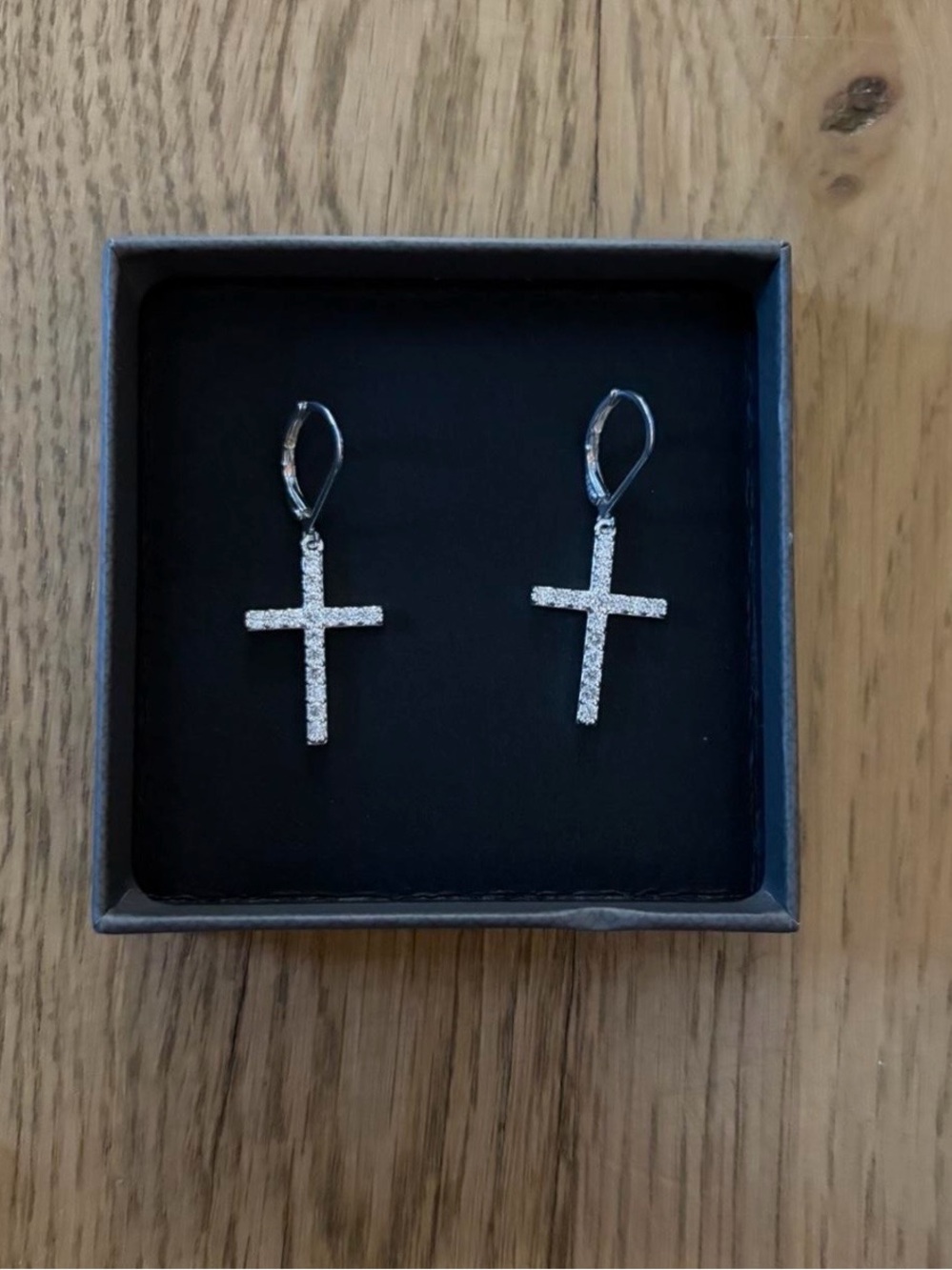 Alex and Ani Silver Crystal Cross Drop Earrings